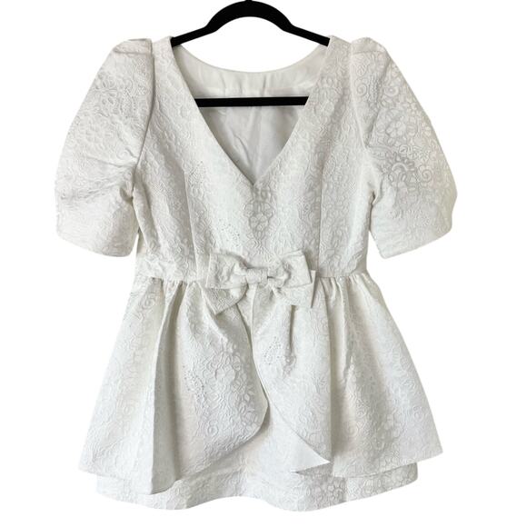 Givh Shyh Bright White Bridal Beaded Peplum Brocade Blouse Size 6 - Picture 2 of 4